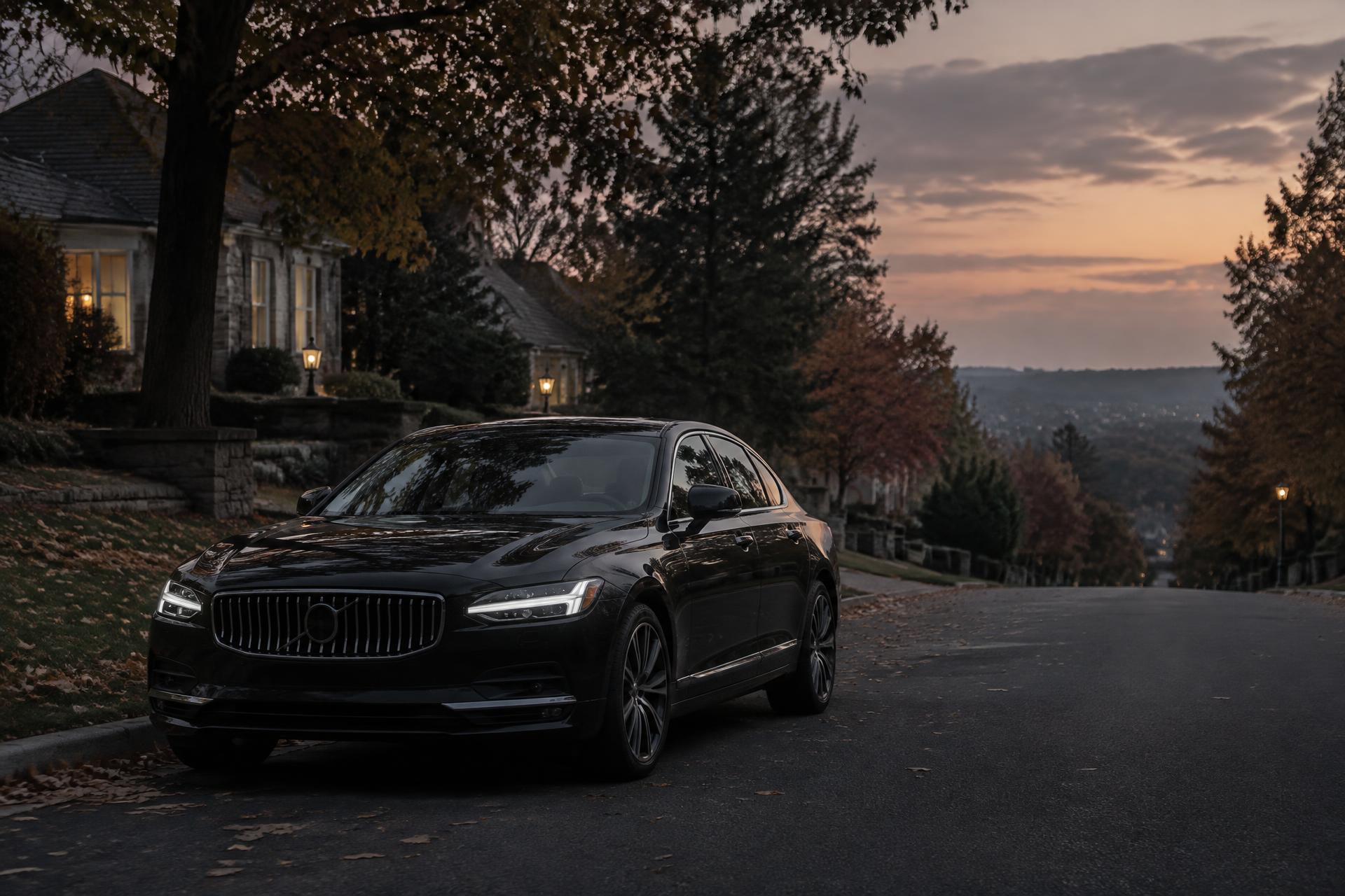 A dark luxury sedan on a quiet tree-lined street at dusk